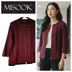 Misook Large 12 14 Jacket Blazer Cardigan Red Black Zip Up Chevron Knit Career